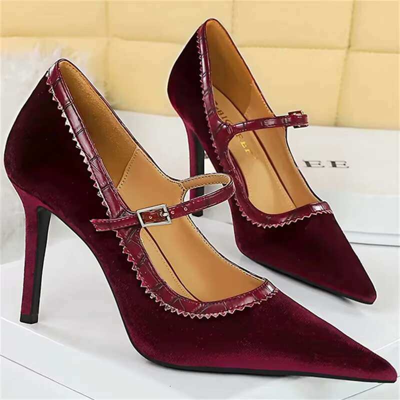 Women 10cm High Pointed Toe Shallow Fashion Wine Red Veet Pumps Stiletto Thin Heels Wedding Mary Jane Belt Strap Shoes