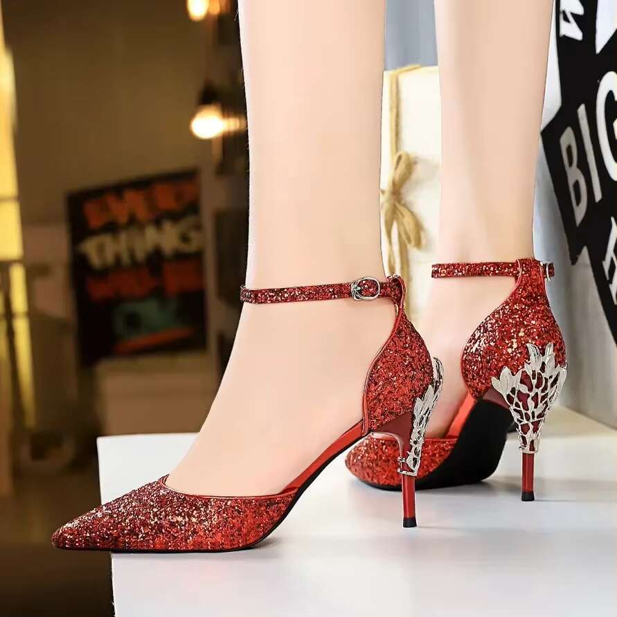 Women 7.5cm 9.5cm High Bg Wedding Sandals Ankle Strap Shoes Gold Siery Blue Sequins Banquet Designer Low Heels