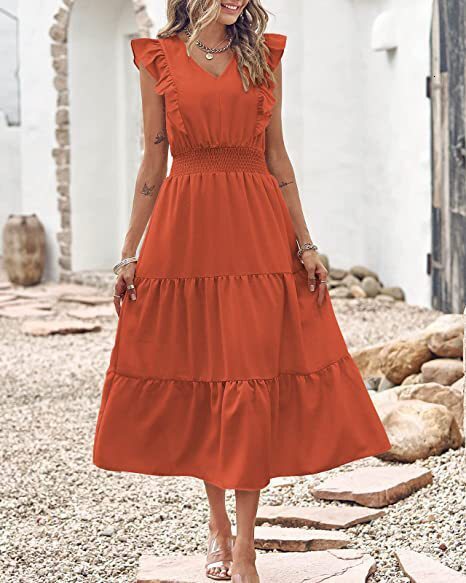 2025 Women's Designer Sleeveless V-neck Women's Elastic Waist Fold Elegant And Sexy Summer Beach Skirt