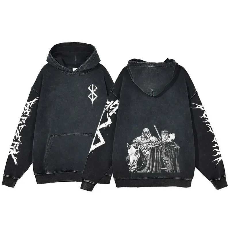 2024 Berserk Anime Acid Wash Hoodie Mens Retro Cotton Hoodie Womens Hip Hop Hooded Sweatshirt Y2K Casual Streetwear M-4XL W250117