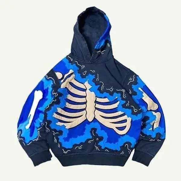 Trendy American Ins Youth Trend Flame Skeleton 3d Printed Velvet Sweatshirt Boys Y2K Street Hip-hop Trend Pullover Hoodie Tops W250117