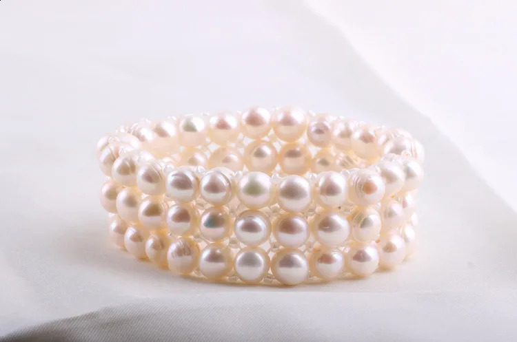 Trendy 3 Rows of Elastic Baroque Pearl Bracelet Full Natural White Round Freshwater Pearls Bangle Gift for Women Jewelry 250121