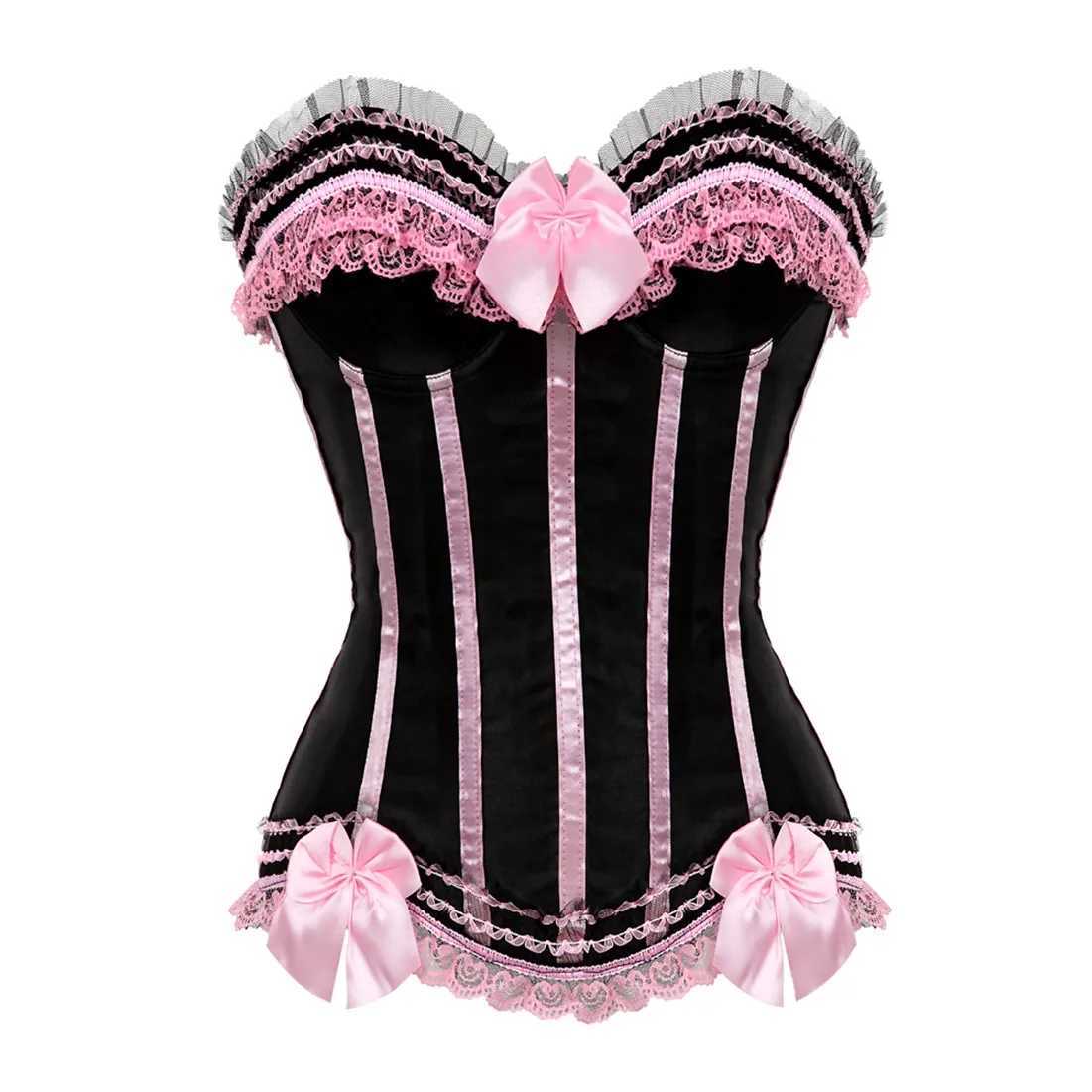 Sexy Satin Overbust Corset Top Lace Bowknot Decorated Clubwear Showgirl Body Shaper Plus Size W250120