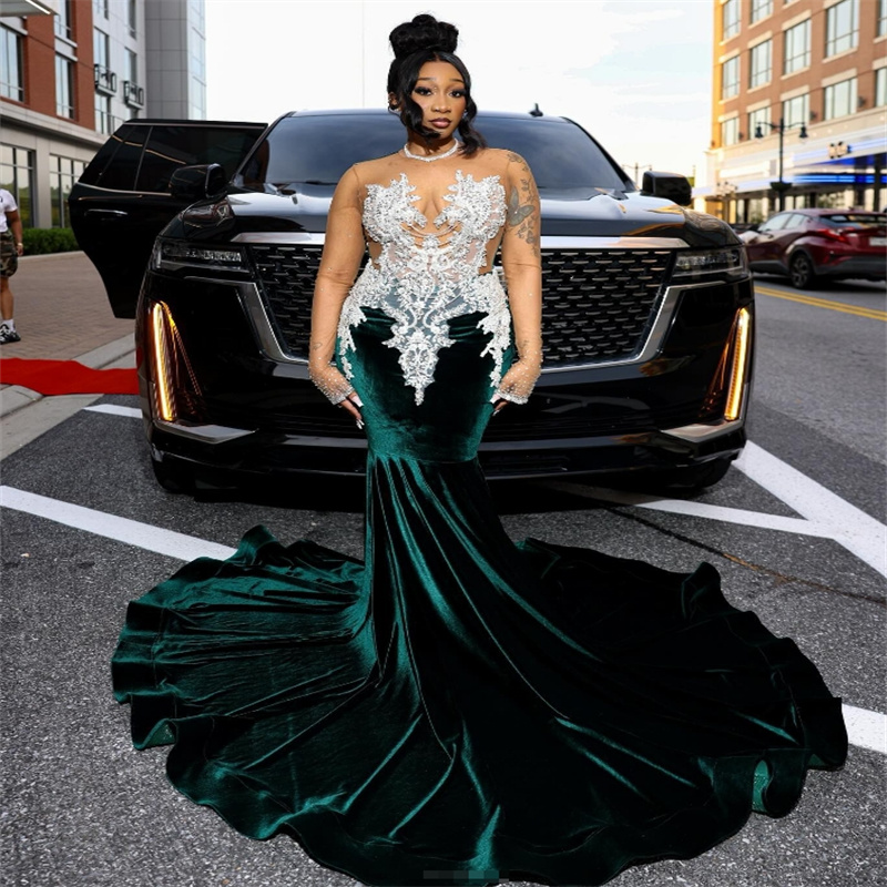 Emerald Green Evening Dress Velvet Mermaid Black Girls Lace Prom Dresses 2025 Beaded Long Sleeve Birthday Occasion Formal Party Gown Robe De Mariee Ve