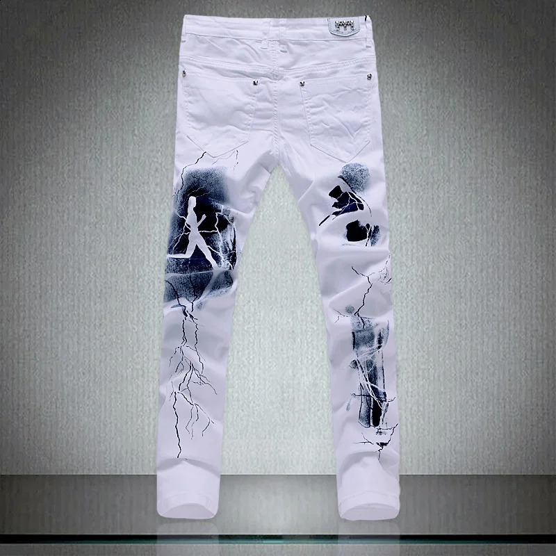 White Fashion Men Jeans Unique Lighting And Man Printing Cotton Large Size 40 Jeans For Men 250120