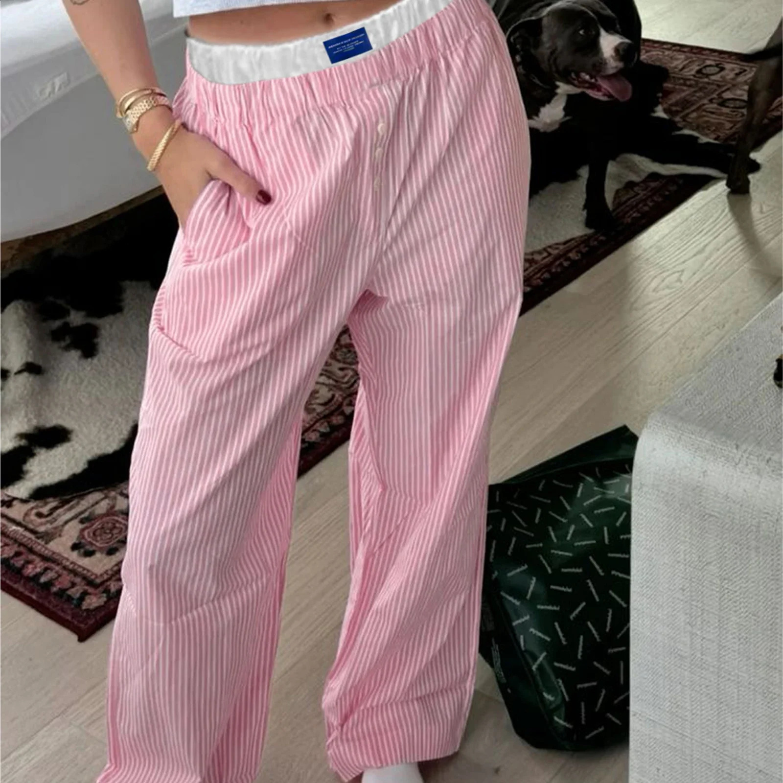 Combhasaki Womens Y2K Aesthetic Striped Long Trousers Letter Sign High Elastic Button Double Waist Wide Leg Pants with Pockets 250113