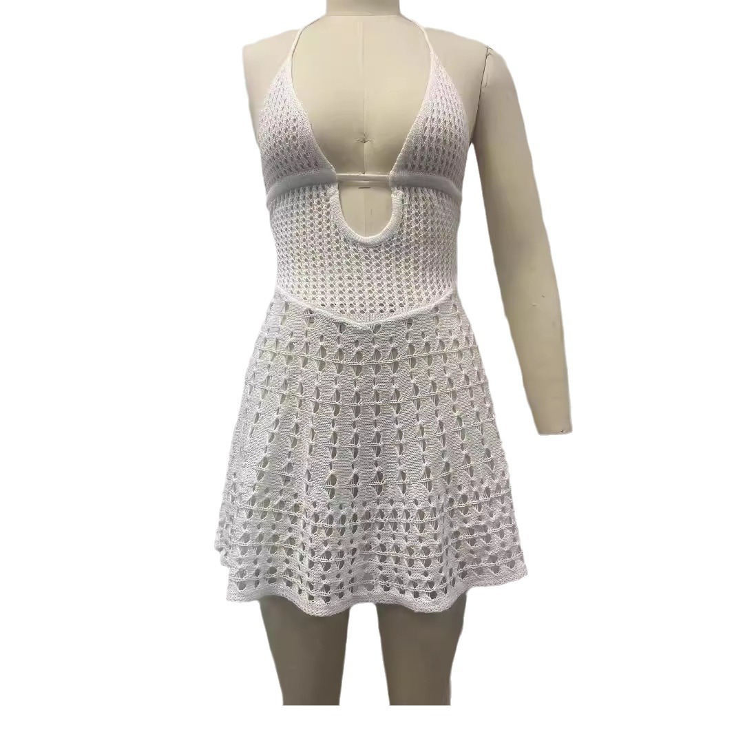 2025 Summer New Designer Holiday Skirt Women's Solid Color Sexy Knitted Dress Beach Skirt Bikini Hoodie