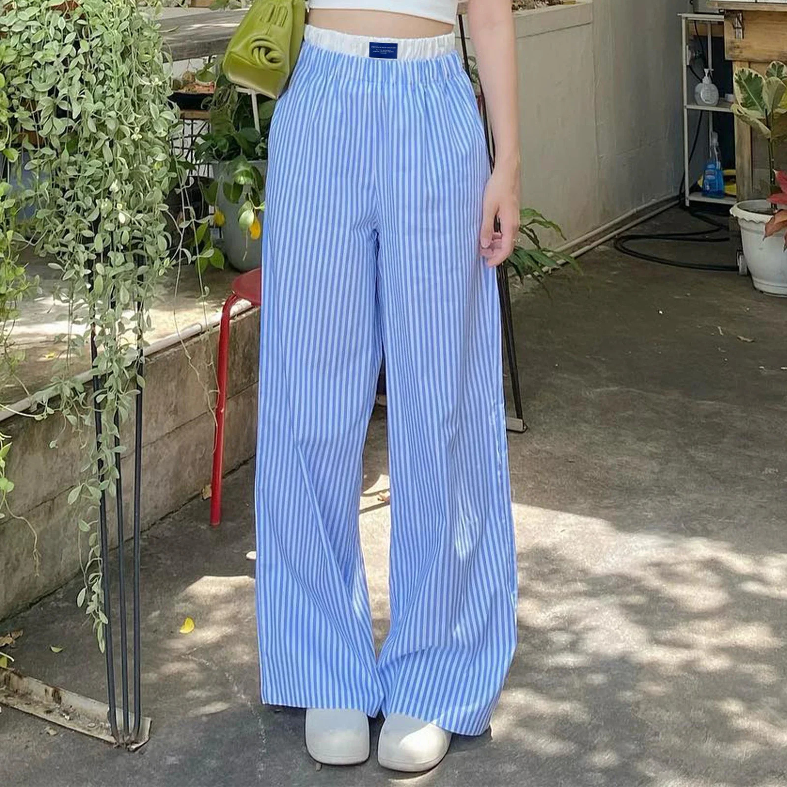 Combhasaki Womens Y2K Aesthetic Striped Long Trousers Letter Sign High Elastic Button Double Waist Wide Leg Pants with Pockets 250113
