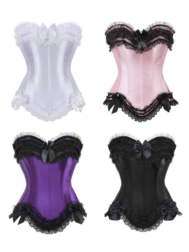 Sexy Satin Overbust Corset Top Lace Bowknot Decorated Clubwear Showgirl Body Shaper Plus Size W250120