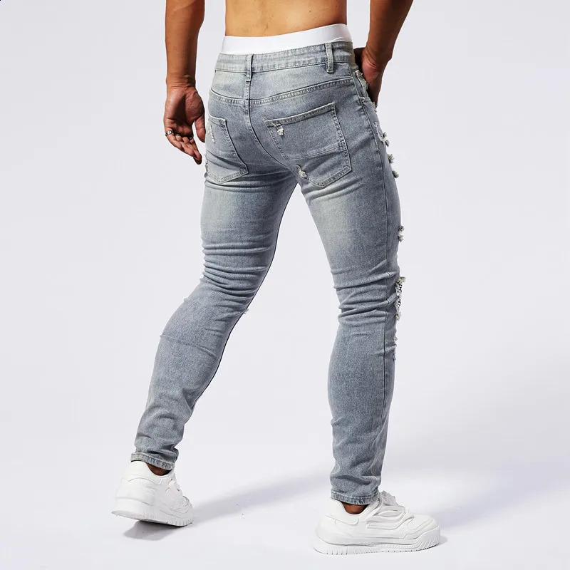 Patch sequin rhinestone jeans for men with torn holes elastic summer fashion casual fit small foot muscle tight pants 250120