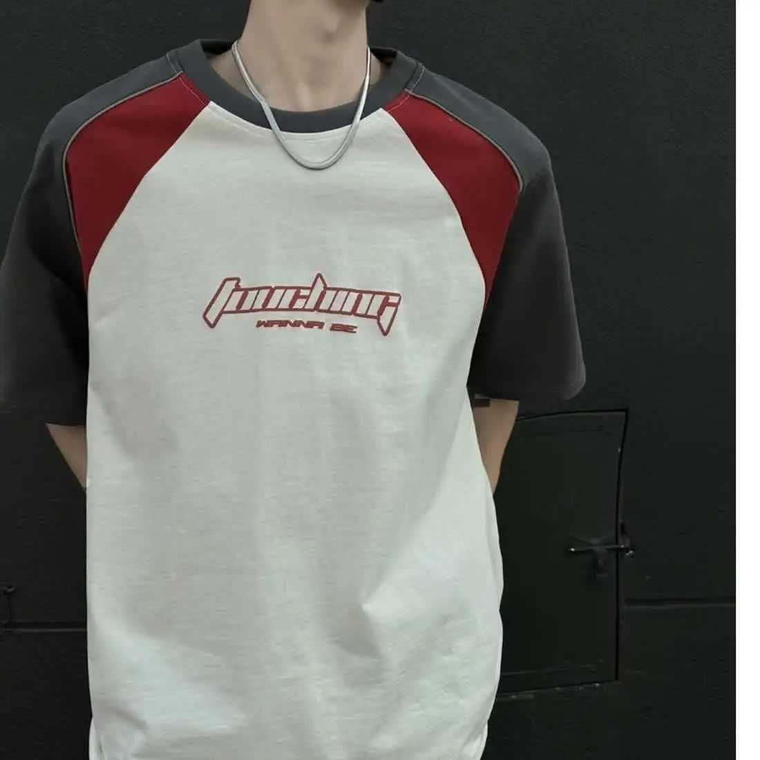 Summer New High Street Trendy Splicing Round Neck Short Sleeve Men and Women Retro Letter Printed Loose Casual T-shirt Top y2k W250117