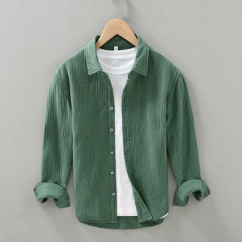 High Quality Mens Casual Crinkled Double Gauze Long Sleeve Shirt For Men Cotton Yarn Soft and Comfortable Breathable Square Neck Shirt T250121