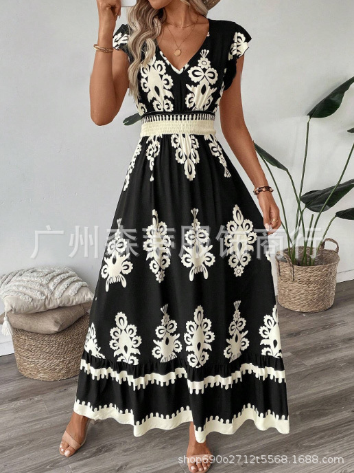 2025 Summer New Designer Women's Beach Skirt Vacation Style Printed Large Pendant Dress