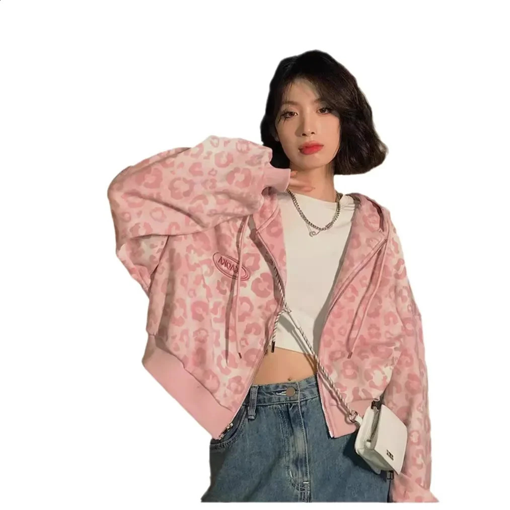 Leopard Print Cardigan Sweater Pink Crop Top Hoodie Ladies Leopard Jacket Loose-Fit Vintage Hooded Sweatshirt Cardigan for Spring/Autumn