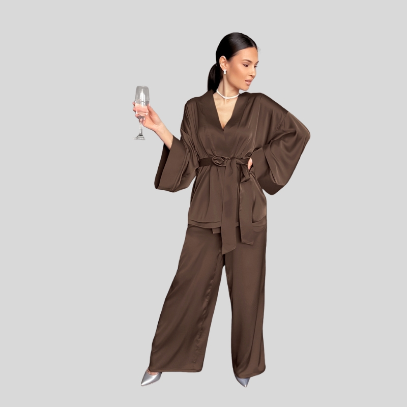 Spring European and American satin cardigan lace-up nightgown pajama pants solid color home set loose women's pajamas