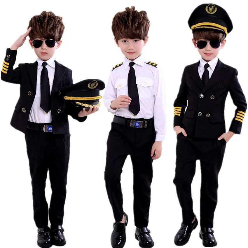 Childrens Day Pilot Uniform Stewardess Cosplay Halloween Costumes for Kids Disguise Girl Boy Captain Aircraft Fancy Clothing W250117