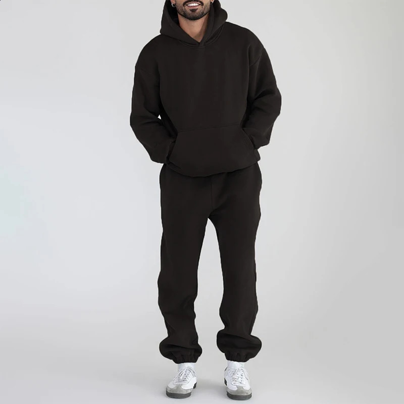Mens Winter Tracksuits Set Solid Color Fleece Long Sleeve Sweatsuit Set Hoodies and Pants Running Sports Suits 250117
