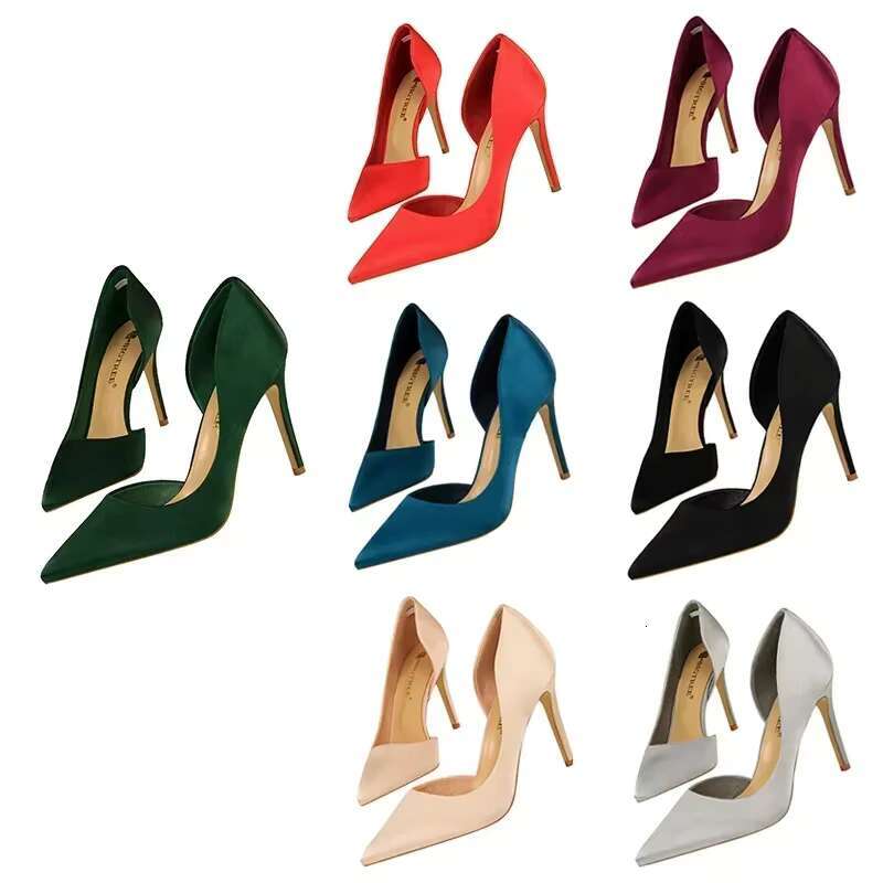 Women Elegant Prom Green Blue Bury Escarpins Satin Pumps Lady Fetish Side Hollow Wedding 9.5cm Stiletto High Heels Shoes