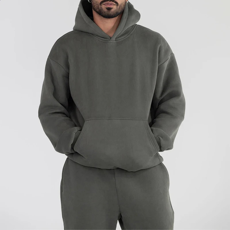 Mens Winter Tracksuits Set Solid Color Fleece Long Sleeve Sweatsuit Set Hoodies and Pants Running Sports Suits 250117