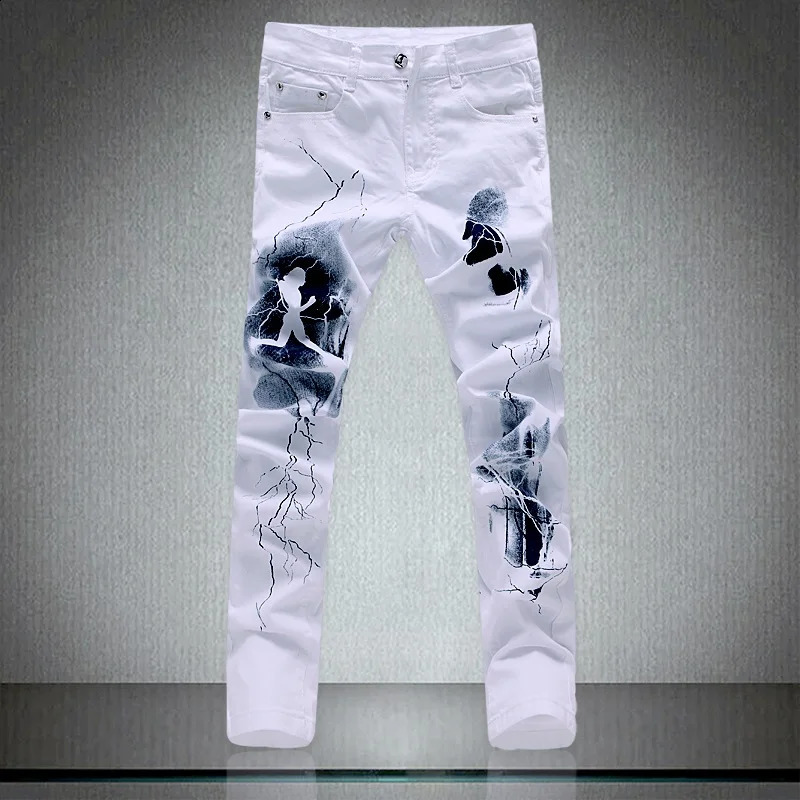 White Fashion Men Jeans Unique Lighting And Man Printing Cotton Large Size 40 Jeans For Men 250120