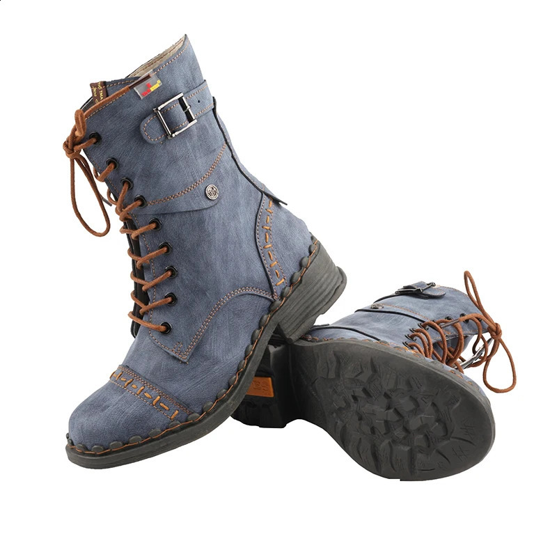Women AutumnWinter Vintage Fashion Solid Color Leather Boots 250117