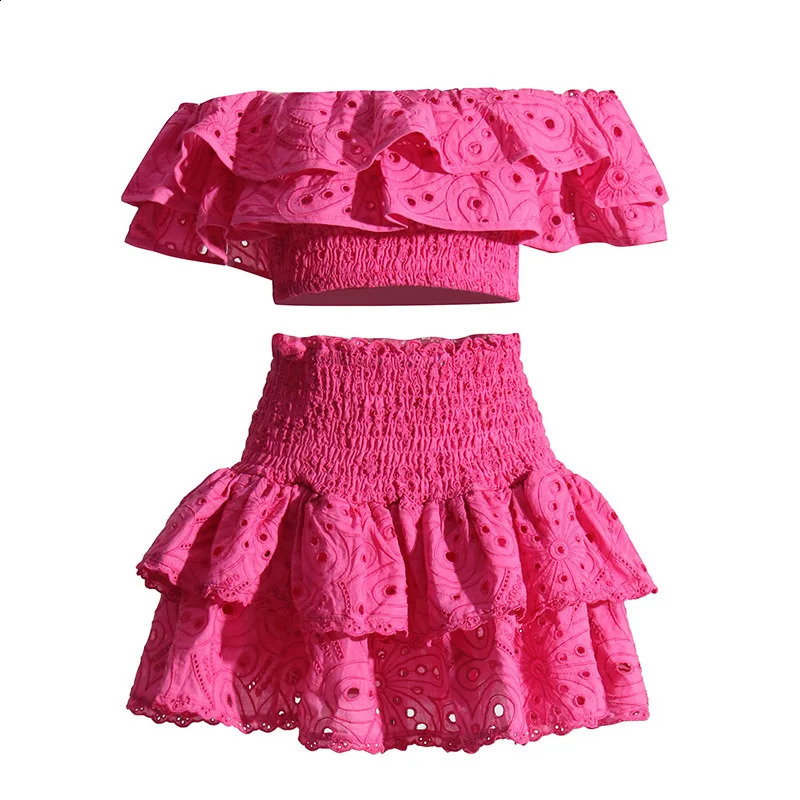 JAMERARY Floral Two Piece Women Dress Summer Cotton Embroidery Sexy Slash Neck Ruffles Short Skirts Suits Beach Crop Tops 250118