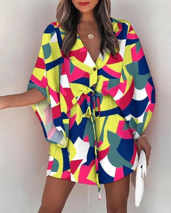 2025 New Summer Women's Designer Flying Sleeve Sexy V-neck Strap Printed Beach Skirt