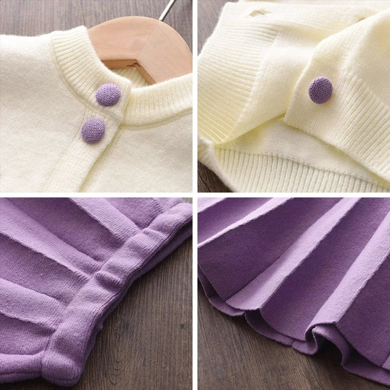 Kids Clothes Girls Winter Childrens Clothing Cartoon Grape Strawberry Decoration Sweater Cardigansolid Color Pleated Skirt Set 250117
