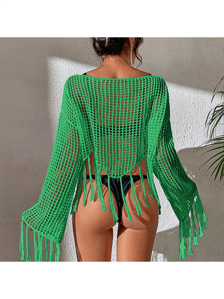 Womens Stylish Beach CoverUp Boho Chic Crochet Long Sleeve Tassel Tunic with CutOut Details 250122