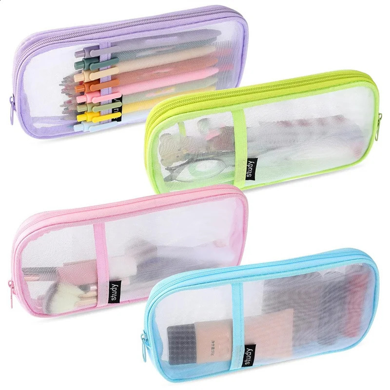 4 Pcs Grid Mesh Pencil Case with Zipper Clear Pencil Pouch Visible Pen Bag Multi-Purpose Transparent Makeup Bag 250120