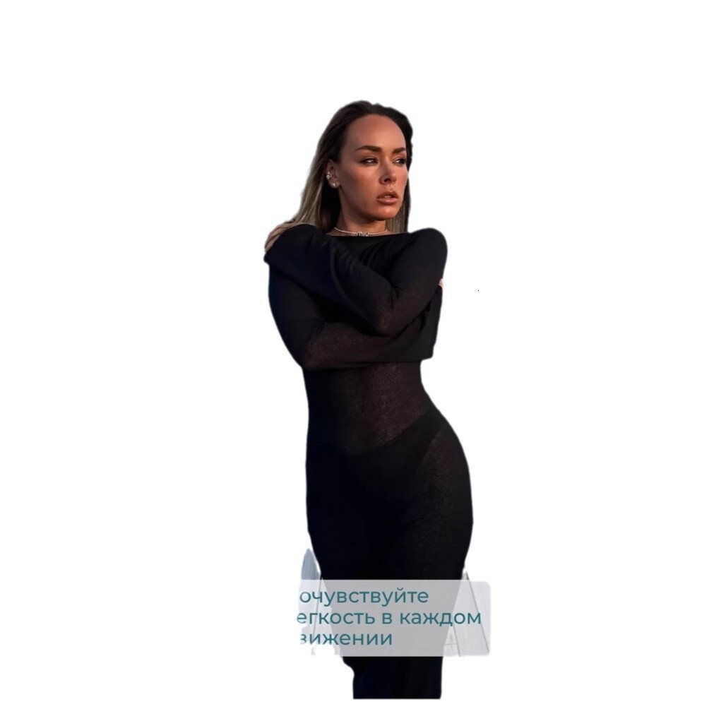 2025 New Women's Sexy Perspective Knitted Long Sleeve Dress Female Designer Round Neck Solid Color Vacation Beach Skirt