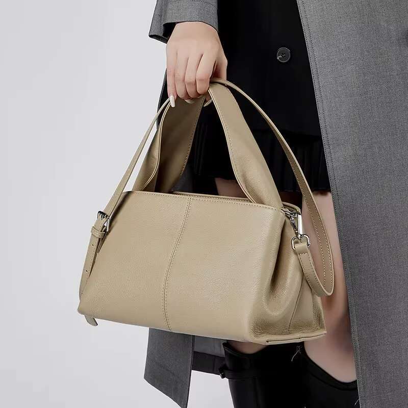 Classic Rabbit Ear Handle Design Medium Tote Full Grain Cow Leather Women Shoulder Bag Apricot Fashion Trendy Ladies Handbag