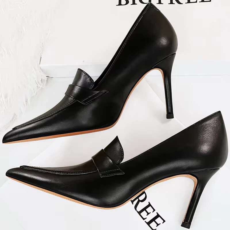 New Elegant Women 8cm High Pumps Wedding Bridal Classic Pu Leather Retro Slipony Heels Lady Brown Bla Office Shoes