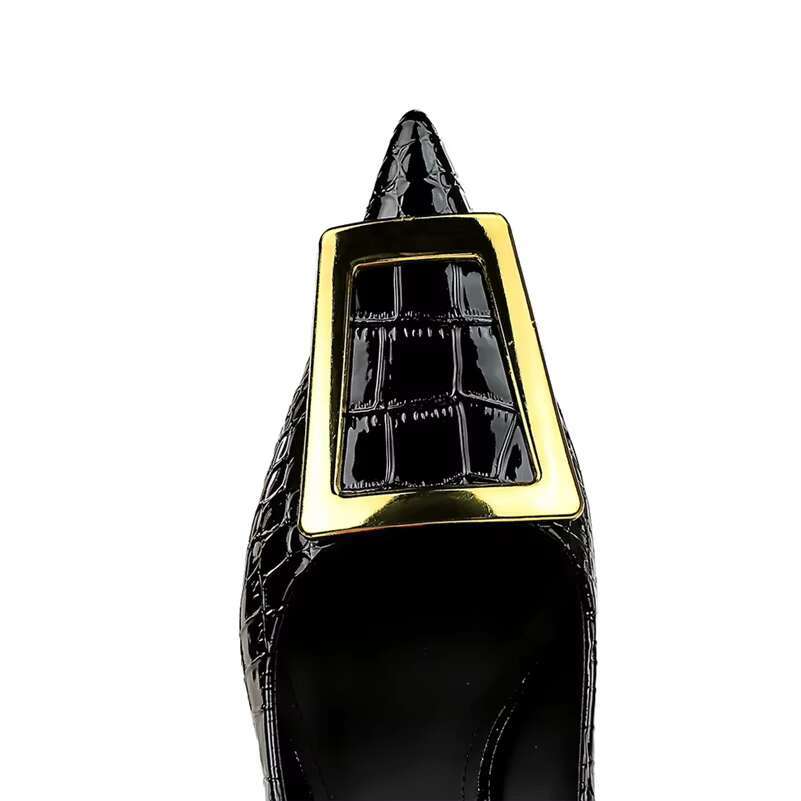 Women 10cm High Pumps Pointed Toe Metal Bule Heels Lady Serpentine Glossy Patent Leather Wedding Event Green Nude Shoes