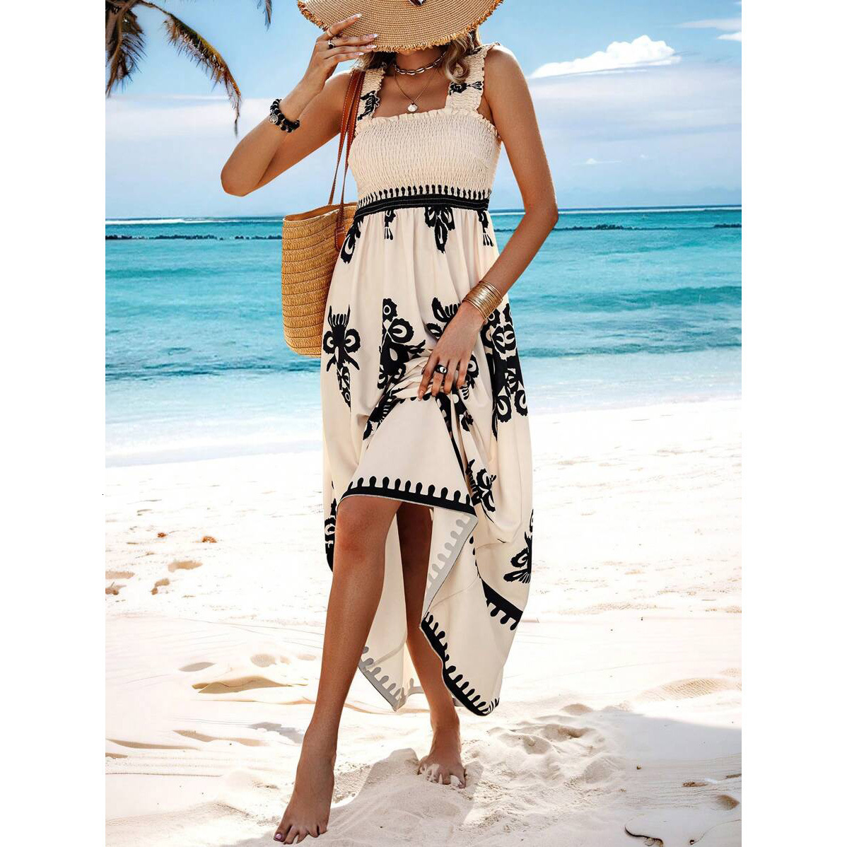 2025 New Women's Beach Skirt Designer Holiday Style Printed Chest Dress