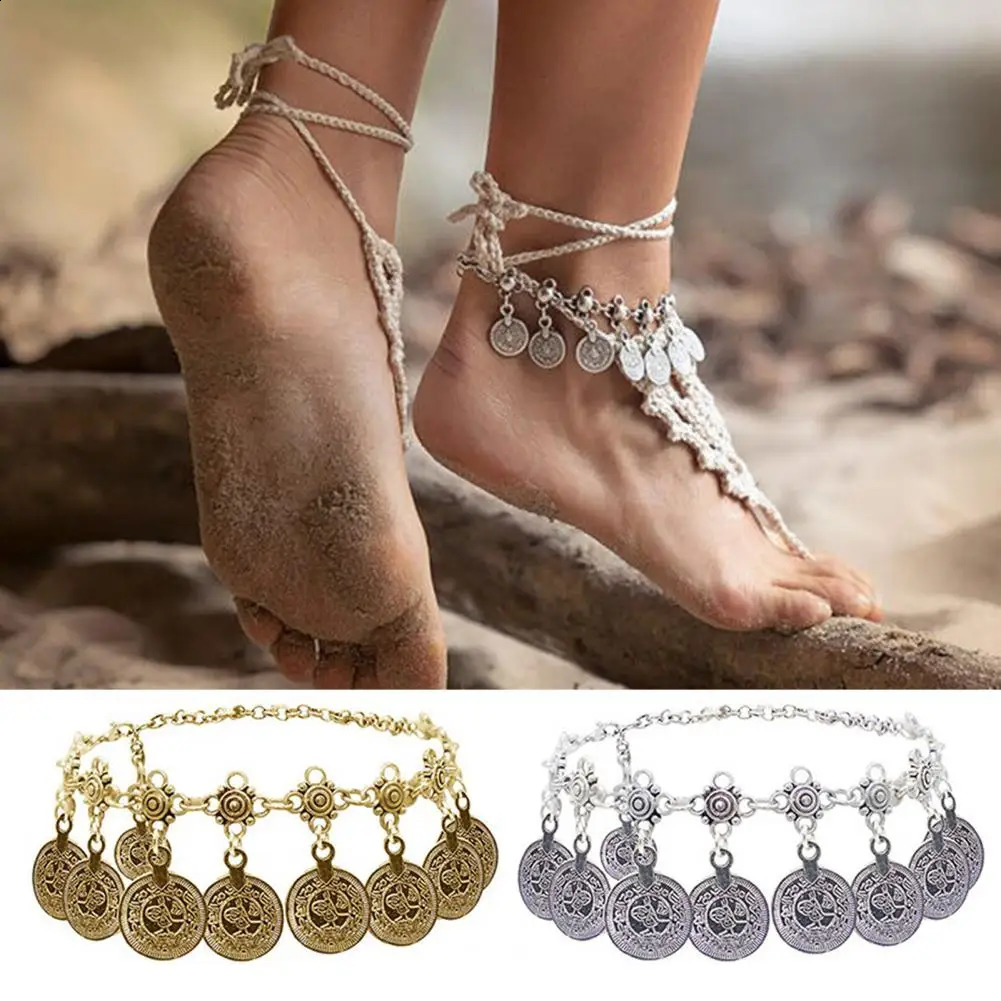 Bohemian Anklet Retro Style Vintage Womens Adjustable Metal Charm with Hollow Pattern for Summer 250114