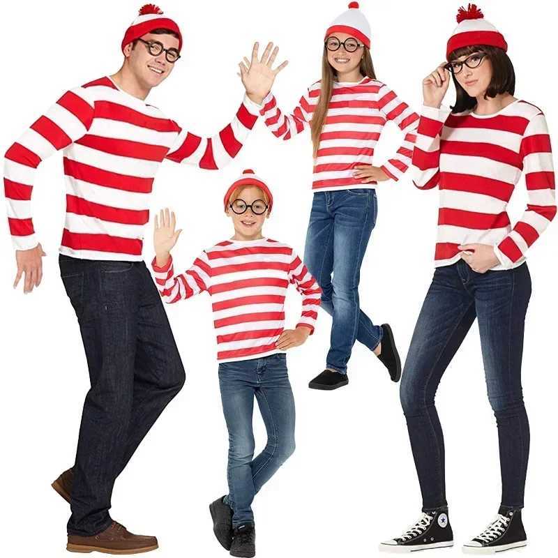 Wheres Waldo Striped Shirt Youth Kids Boys Wally Costume Shirt Glasses and Hat Socks Unisex Adults Carnival Cosplay Costume W250117