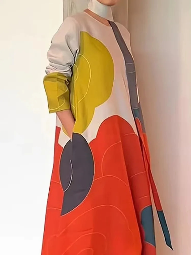 Freeacy 2025 Spring Stylish Dress for Women Contrast Color Long Sleeves Loose Fit Maxi Dress with Scarf Casual Party Dresses 250122