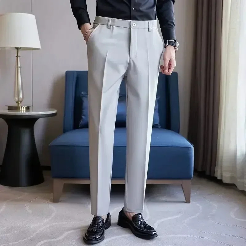 Mens Suit Pants Gray White Black Slim Business Casual Nine-point Pants Straight Plus Size Trousers Office Social Wedding 250122