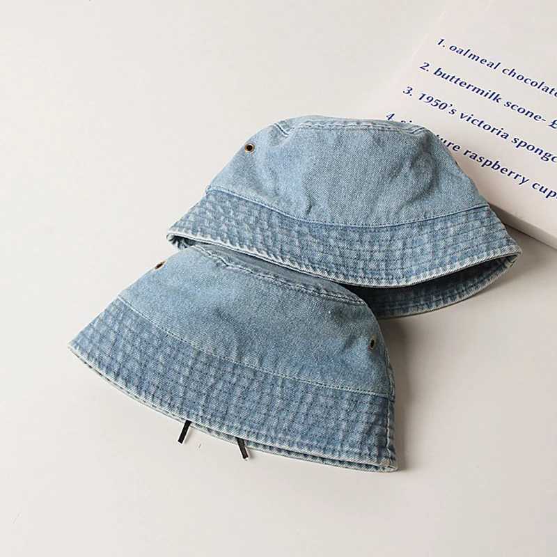 Summer childrens bucket hat boys and girls outdoor childrens sunscreen hat solid color fishing denim cloth hat baby basin beach hat M250121