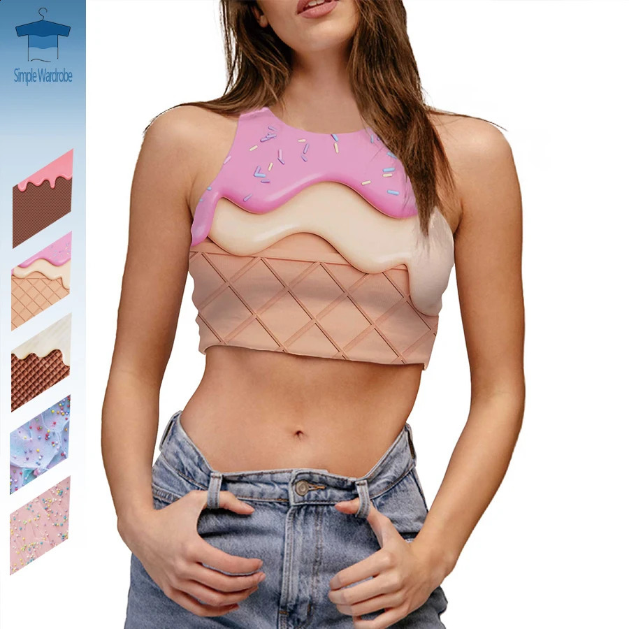3D Print Woman Clothing Ice Cream Graphic Vest Lovely Clothes Round Neck Sleeveless T-shirt Funny Sexy Summer Girl Crop Top 250116