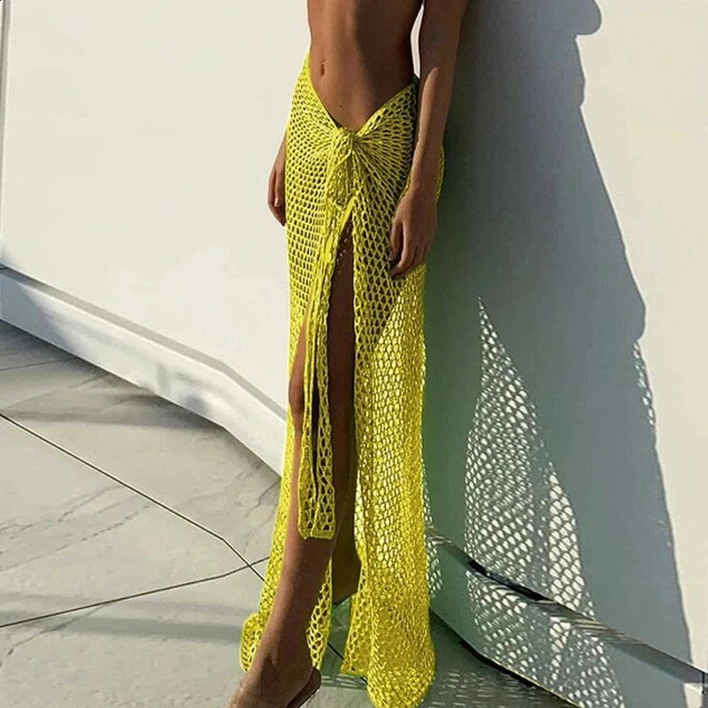 G92F Crocheted Beach SarongPareoWomens Sexy SemiSheer Swimwear CoverUps Side Tie Wrap Short Skirt for SwimwearBeach 250122