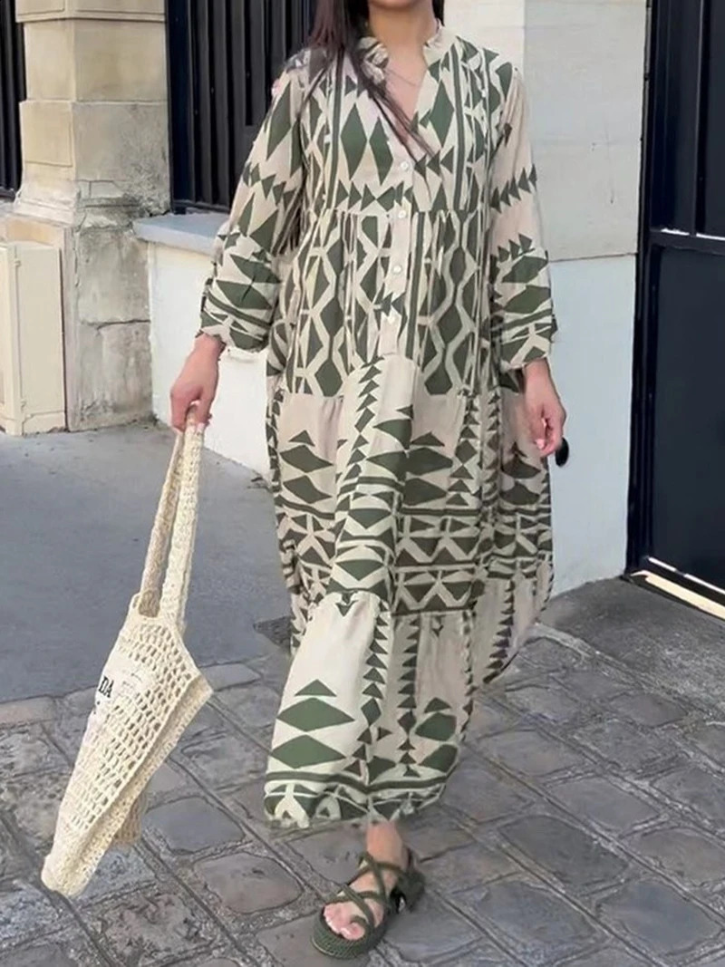 Boho Summer Maxi Dress Women Vintage Buttons Long Sleeve Elegant Holiday Beach Long Loose Dresses Female Casual Vestidos 250122