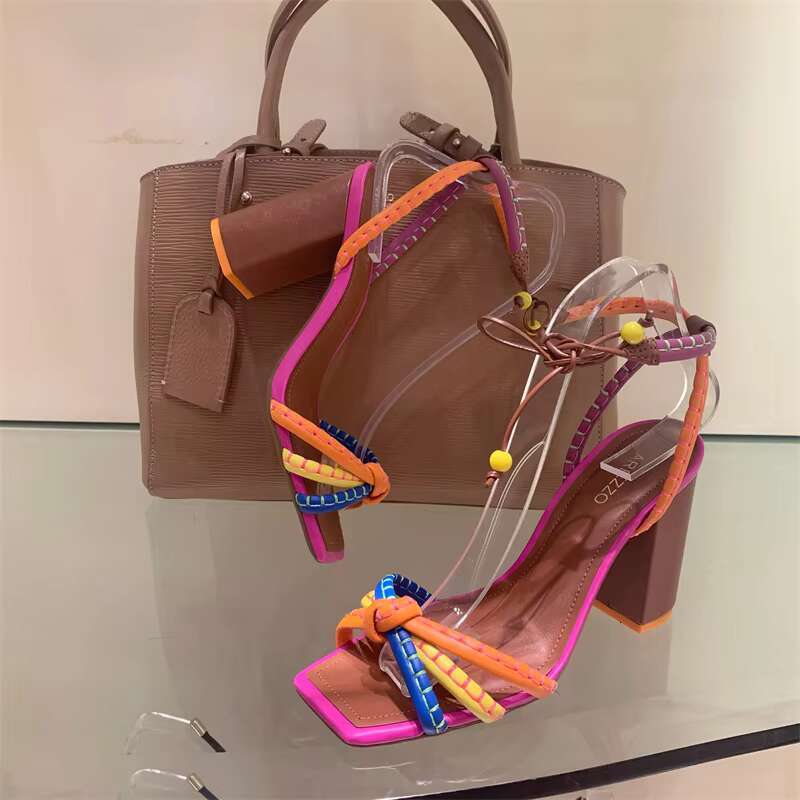 Brazil Fashion Twist Woven Color Blocking Designer Brand Women's Shoes Thick with High Heel Sandals Female Casual