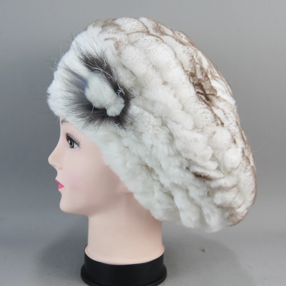Rex Rabbit Fur Beanies Hat Womens Knitted 100% Natural Rex Rabbit Fur Beret Womens Winter Warm Fur Hat 250109