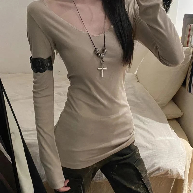 Lamuusaa y2k Tops Women Fairy Grunge Clothes Contrast Cross Off Shoulder Long Sleeve T Shirts 2000s Goth Clothing Streetwear 250116