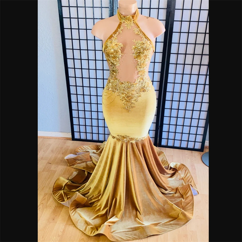 Gold Mermaid Velvet Evening Dress For Black Women Halter Beaded African Prom Dresses 2025 See Through Birthday Party Vestidos De Fiesta Backless Niger