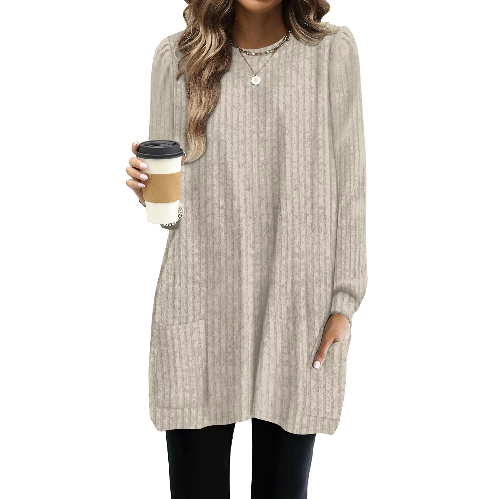 New Spring Shirt Fluffy Long Sleeved T-shirt Round Neck Casual Loose Pocket Shirt Elegant Streetwear Designer T-shirt Women's Solid Color Waistba