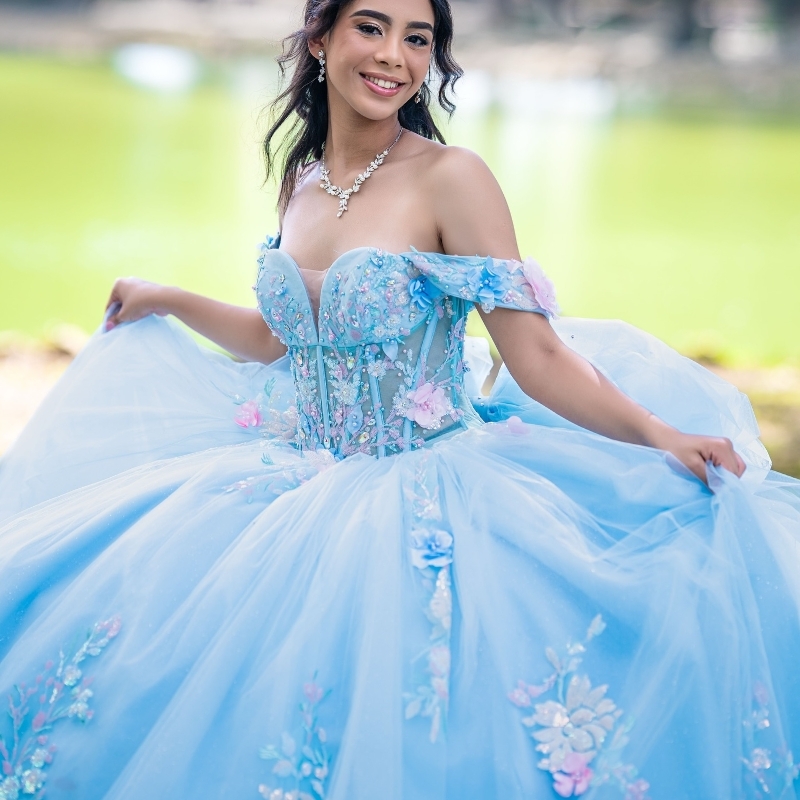 Sky Blue Quinceanera Dresses Ball Gown Off Shoulder Appliques Lace Beads Tull Corset Birthday Party Sweet 16 Dress Vestidos 15 anos