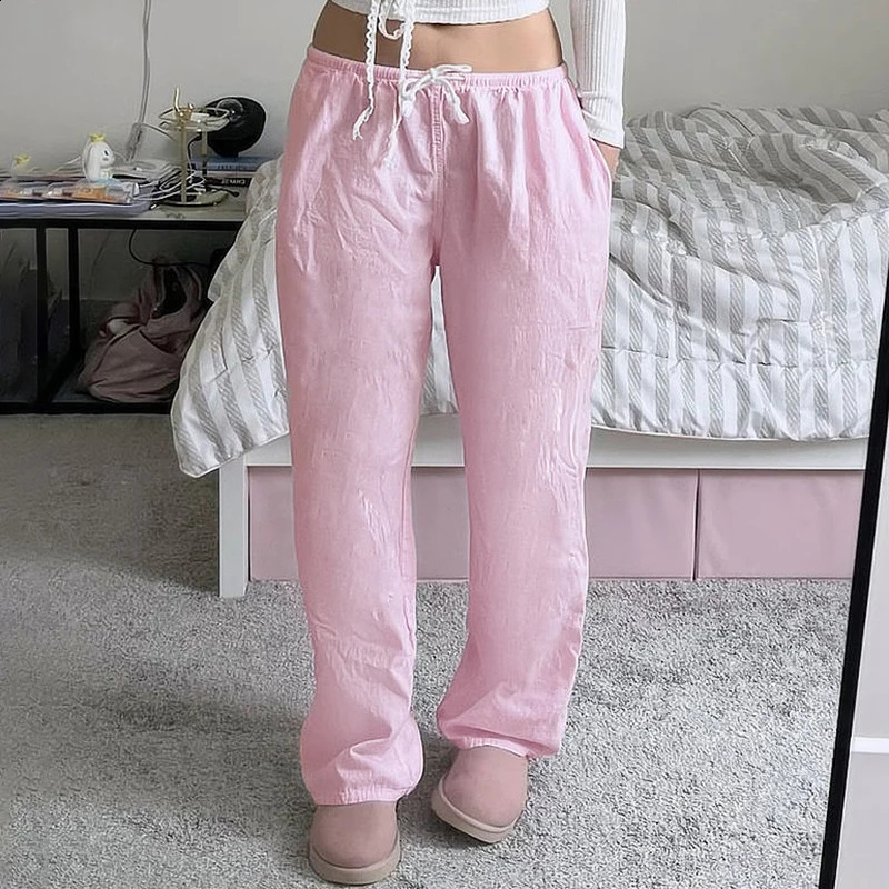 CIBBAR Drawstring Low Rise Pink Casual Pants y2k Basic See Through Pants y2k Aesthetic Straight Trousers for Women Korean Style 250122